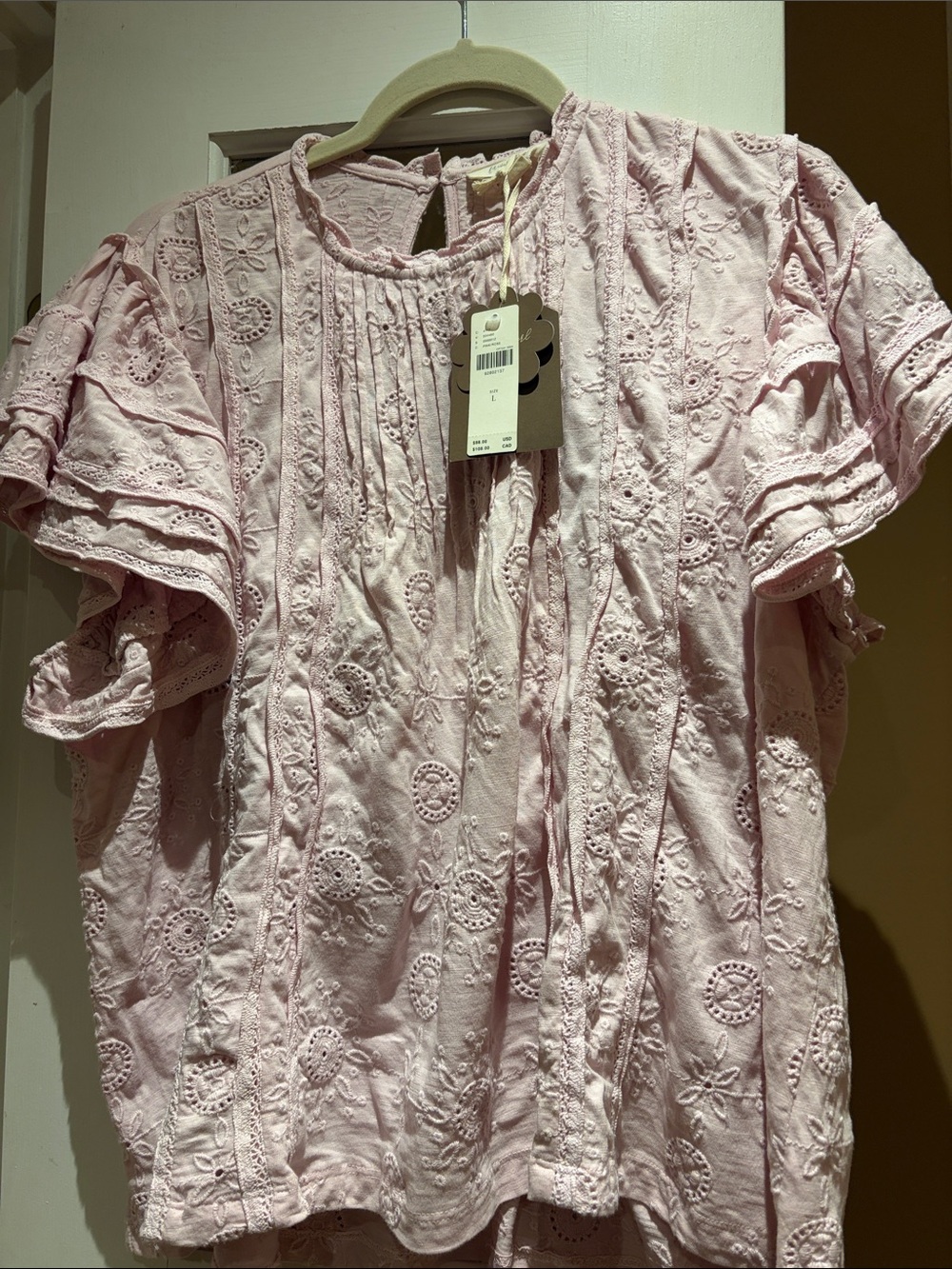 Embroidered Ruffle-Sleeve Eyelet Top — Light Pink